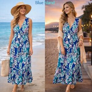 Blue Island Tropical Print Rayon Dress Tassel Tie Elastic Waist Resort,Size  M